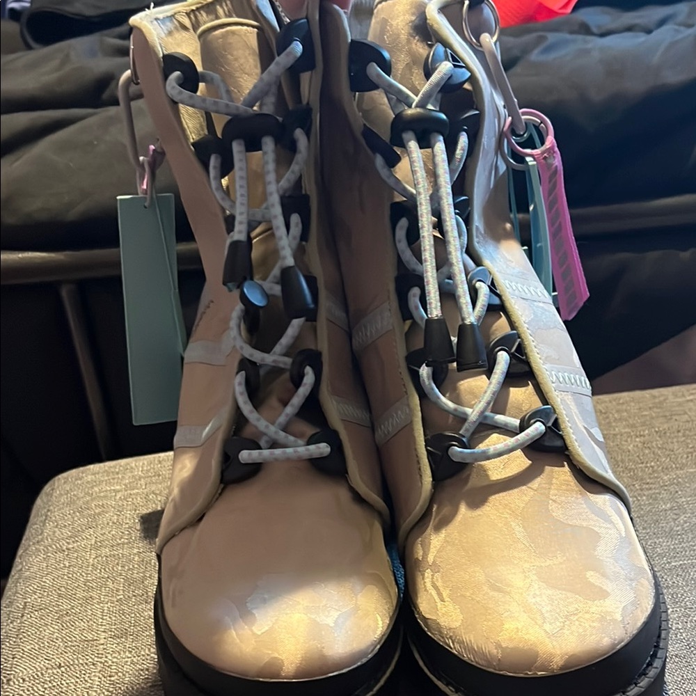Steve Madden beige camo boots with light blue and lavender detailing